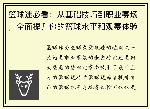 篮球迷必看：从基础技巧到职业赛场，全面提升你的篮球水平和观赛体验