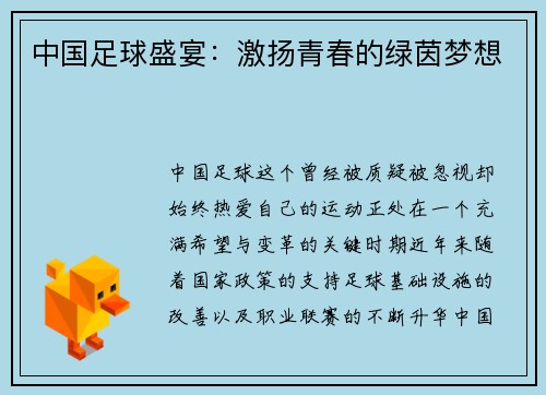 中国足球盛宴：激扬青春的绿茵梦想