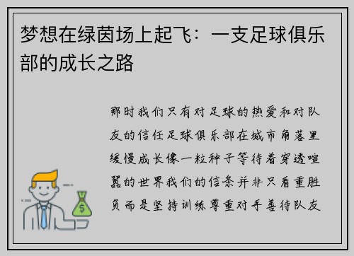 梦想在绿茵场上起飞：一支足球俱乐部的成长之路