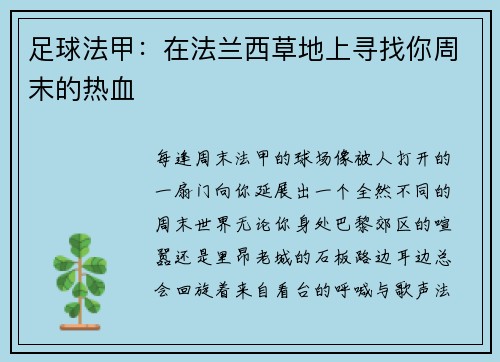 足球法甲：在法兰西草地上寻找你周末的热血