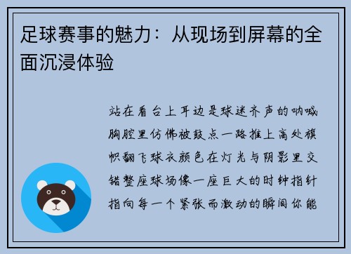 足球赛事的魅力：从现场到屏幕的全面沉浸体验